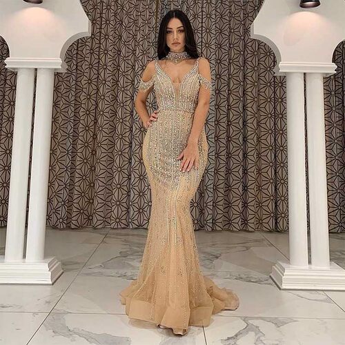 Sexy Dubai Beaded Evening Dress Luxury Mermaid Long Deep V N