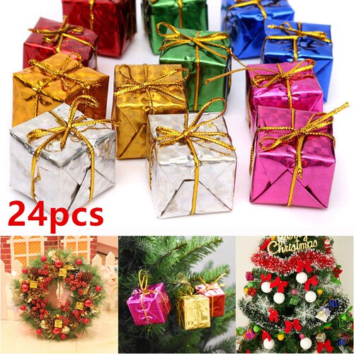 12/24pcs Mini Christmas Ornaments Foam Gift Box Xmas Tree Ha