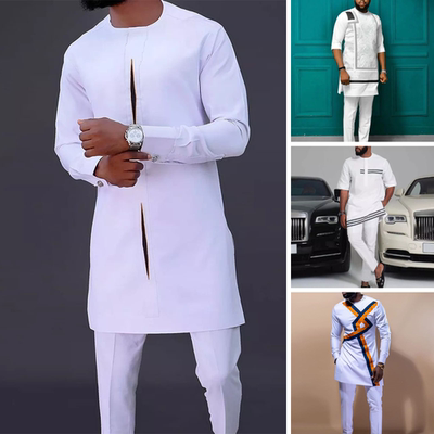 Men Dashiki Long Sleeve Shirt White Trouser Set Mens 2 Piece