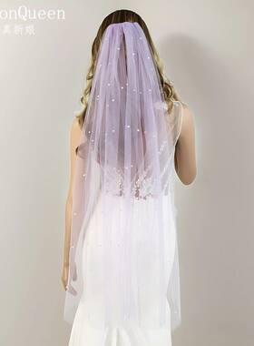 TOPQUEEN Light Purple Imitation Pearl Bridal Veil Soft Tulle