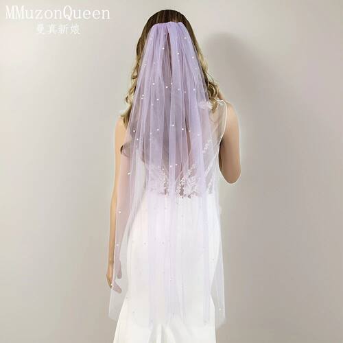 TOPQUEEN Light Purple Imitation Pearl Bridal Veil Soft Tulle