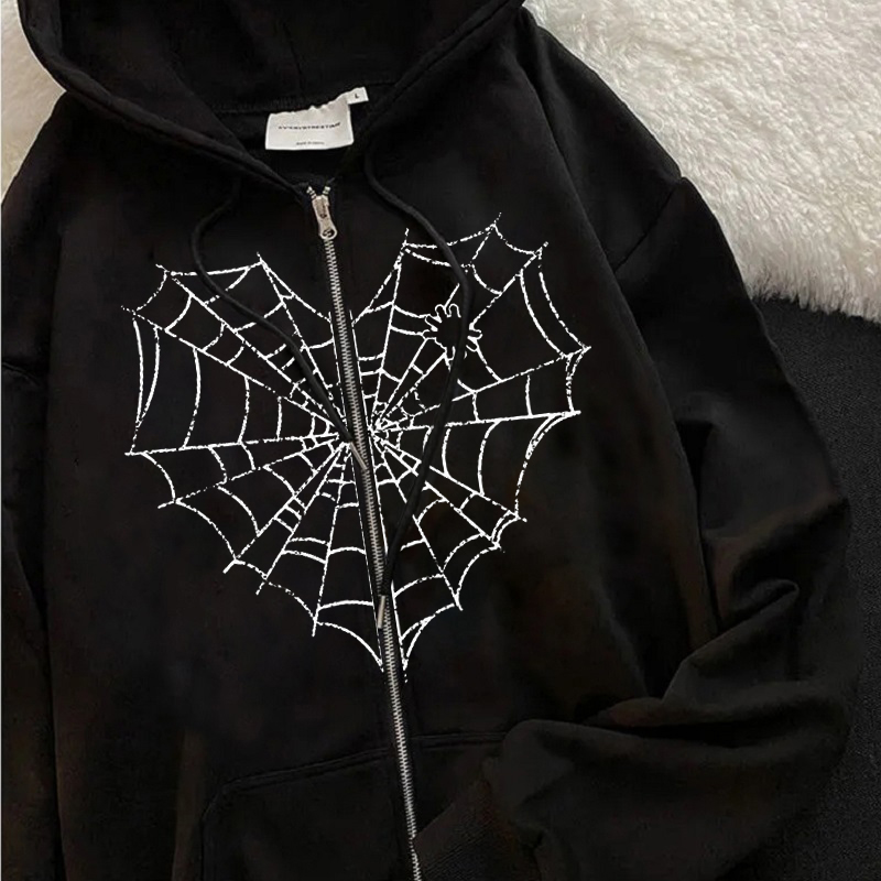 Gothic Harajuku Vrouwen Hoodie Spinneweb Print Korean joggin