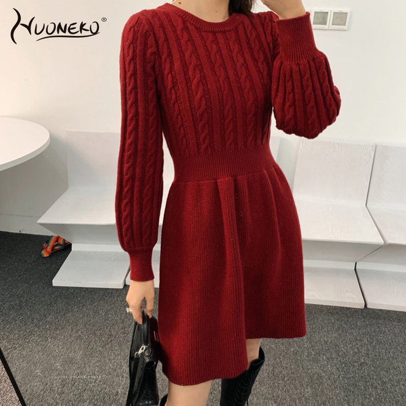Women Sweater Long Sleeve Dresses Autumn Winter Knitted Patc