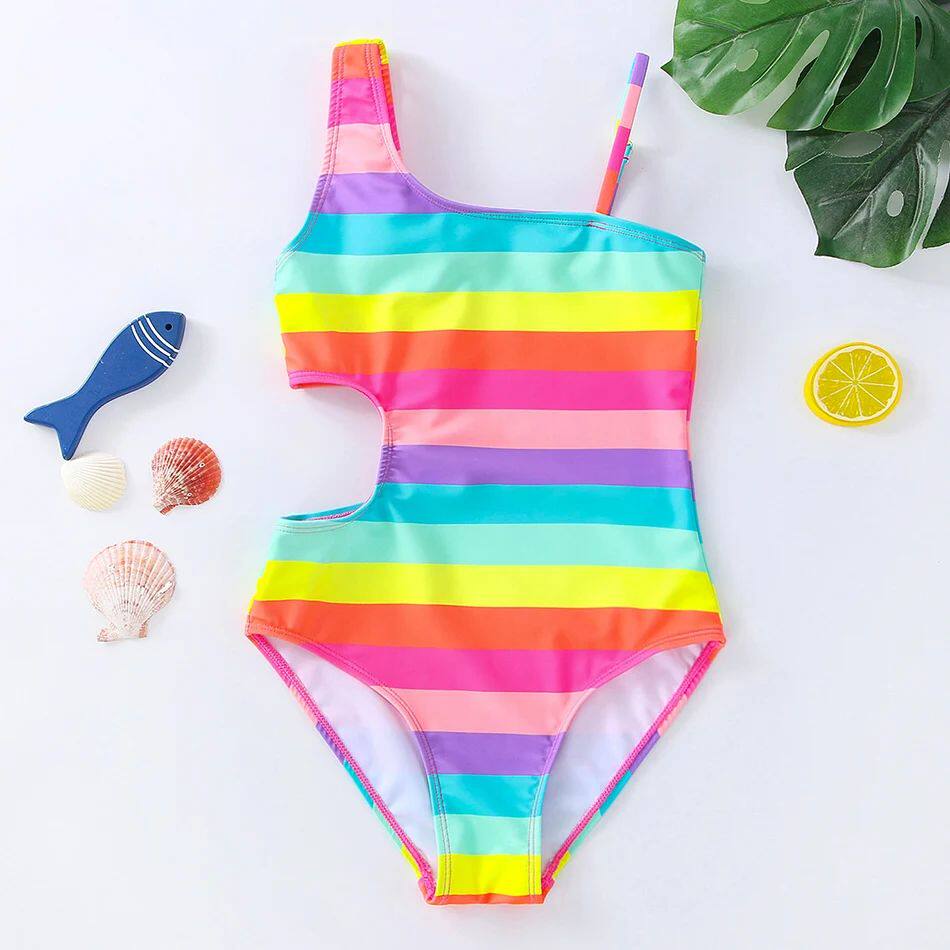 2022 Girls Swimsuit One Piece Striped Cut-out Swimwear 3-10y