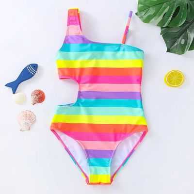 2022 Girls Swimsuit One Piece Striped Cut-out Swimwear 3-10y
