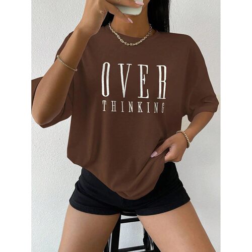 Over Thinking Letter Print Women Cotton Short Sleeve Breatha