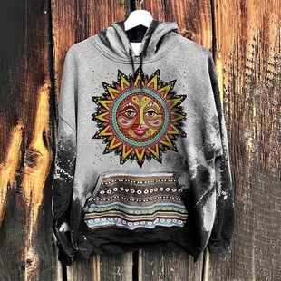 Sun Print Hoodie Women Sweatshirts Aesthetic Ethnic Casual L