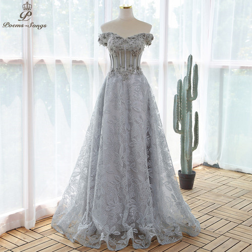 Elegant sequin lace gray flowers Evening dress  prom dresses