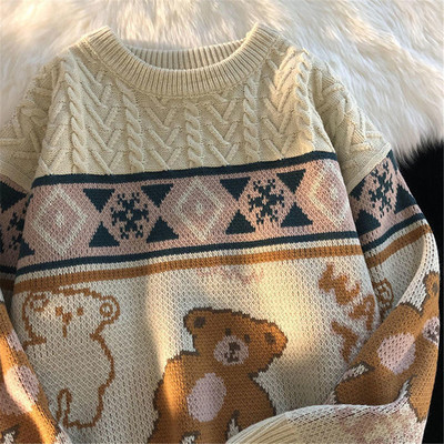 Cute Bear Tops Oversize Men High Street Knitting Sweater Top