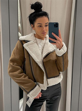 Autumn Winter Vintage Lamb Fur Faux Leather Jacket Women Lon