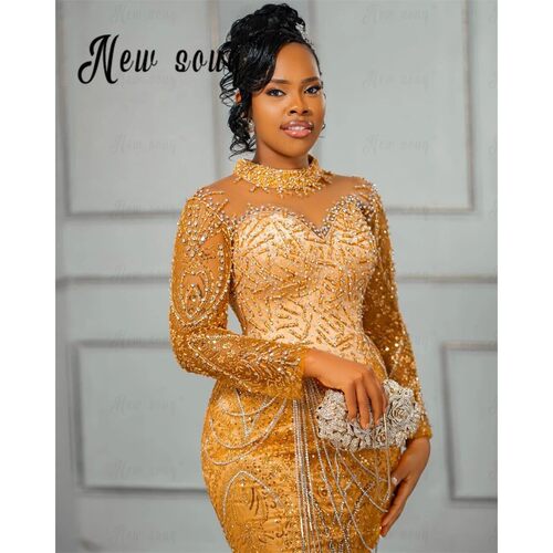 Mermaid Long Gold Prom Dresses Beading Stunning Wedding Rece