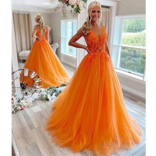 Orange Floral Appliques Prom A-line Evening Dresses Sleevele