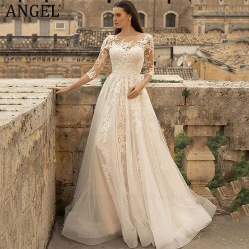 ANGEL Customized Vintage Wedding Dress Scoop Neck 3/4 Lace S