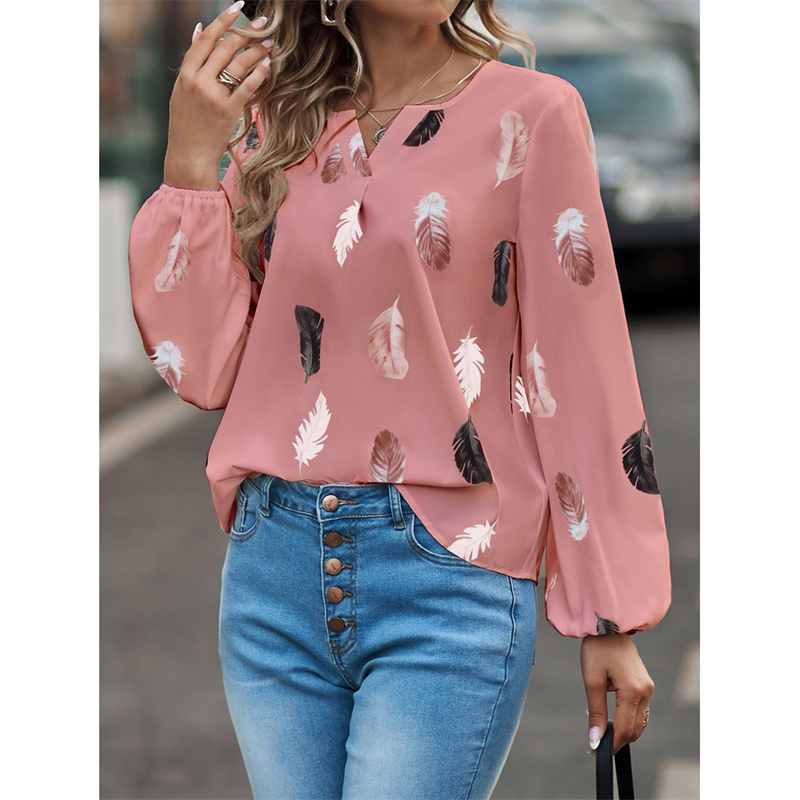 Elegant Feather Print Tops Female Chiffon Loose Commuter V-n