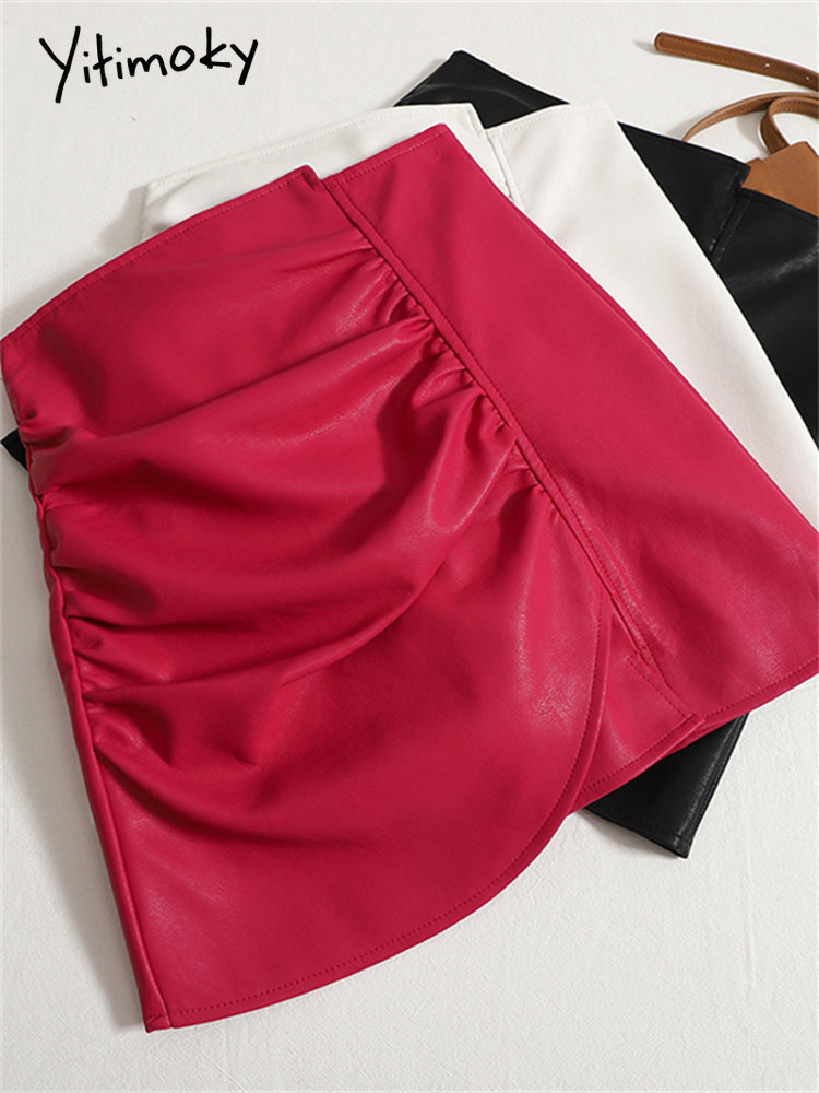 Yitimoky Folds Leather Skirts for Women High Waisted Vintage