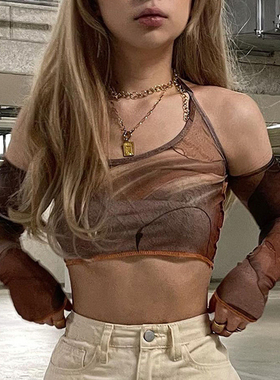 Y2k Gothic Print Brown Corset Tops Vintage Crop Top T Shirt