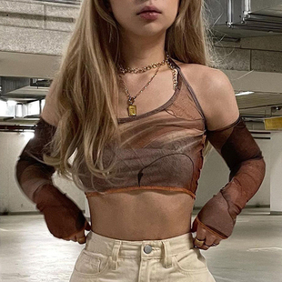 Y2k Gothic Print Brown Corset Tops Vintage Crop Top T Shirt