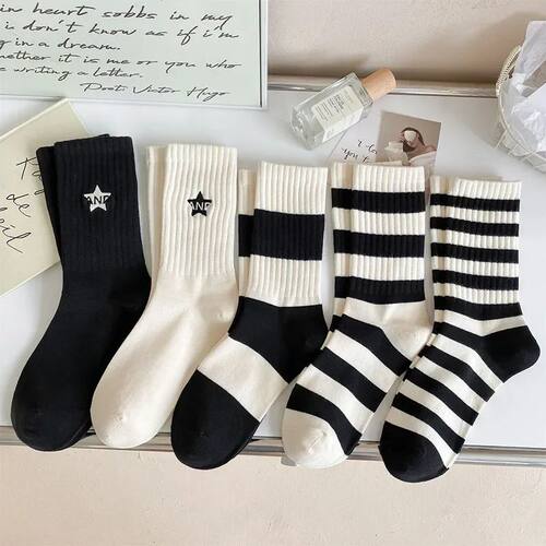 5 Pairs of Women's Black and White Striped Socks Soft Fashio