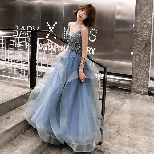New greydish blue long lady girl women princess banquet part