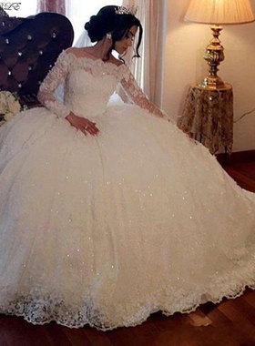 White Ball Gown Wedding Dress Long Sleeves Lace Sequin Appli