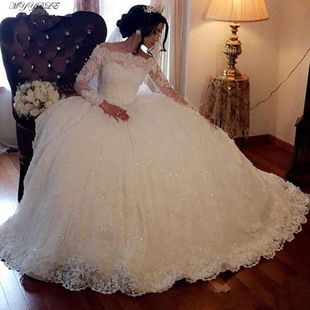 White Ball Gown Wedding Dress Long Sleeves Lace Sequin Appli