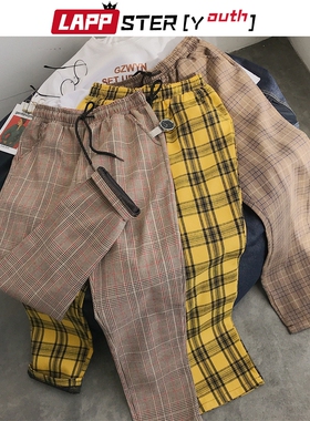 LAPPSTER-Youth Streetwear Black Plaid Pants Men Joggers 2022
