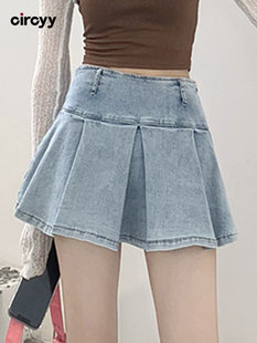 Blue Women Mini with Waist Lined Circyy Denim Skirt High