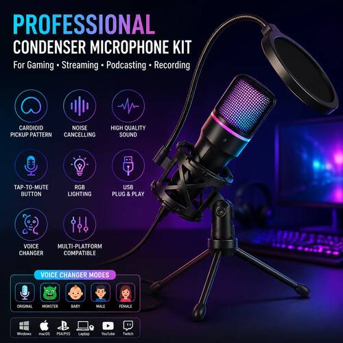 Professional Condenser Microphone Kit with Tripod Stand RGB