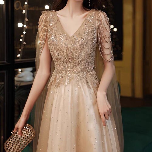 Champagne Gold Evening Dresses With Cape A Line Sexy V-neck