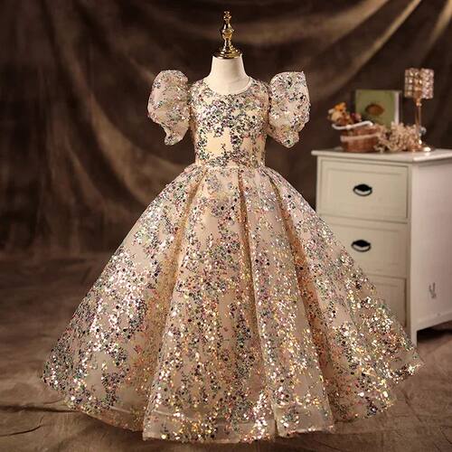 Girls Puff Sleeve Sequin Embellished Tulle Gown Ideal For Fl