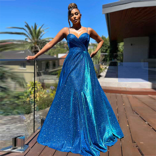 2021 Summer Royal Blue Prom Dress Casual Sexy Giltter Halter