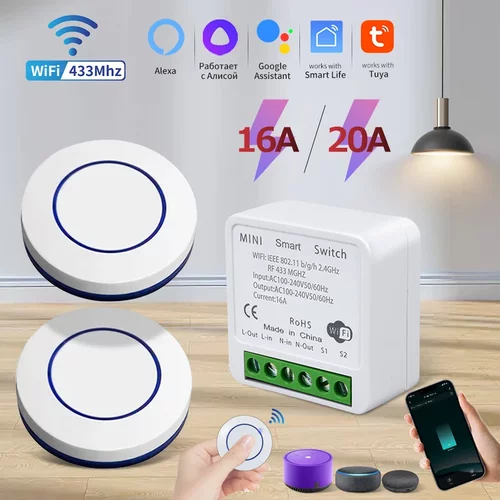 20A Tuya WiFi Smart Switch 16A RF 433Mhz Wireless Relay Rece