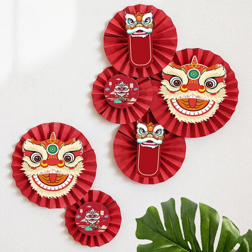 Red Fan Flower Crafts Lion Fan Wall Decor Hanging Chinese Ne
