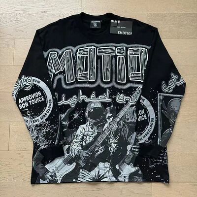 MIXED EMOTION Black Long Sleeve Alien Print T-shirt Men Wome