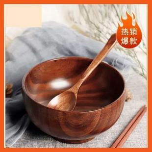 木碗家用吃饭木碗个人专用木碗木勺子实木酸枣木碗可爱日式 木饭碗
