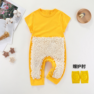 夏季短袖拖把爬行服宝宝拖地爬爬服婴儿连体衣服擦地板防脏罩衣