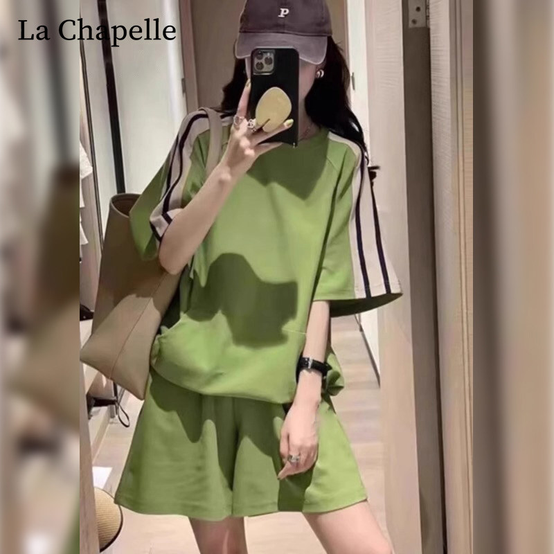 拉夏贝尔运动服套装女2025新款夏季宽松休闲跑步短袖短裤两件套