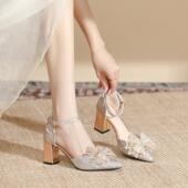 粗跟鞋 女一字小码 中空蝴蝶结高跟伴娘婚鞋 43加宽加肥法式 大码