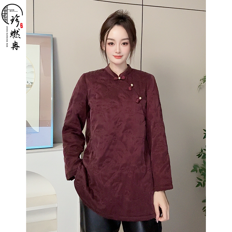 【珍珍休闲】气质时尚百搭大气中长款复古红色国风上衣S-13781