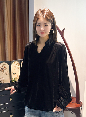 【珍珍休闲馆】V领串珠丝绒气质显瘦大码新中式国风上衣S-13554