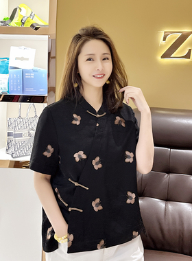 【珍珍休闲】幽蝶栖墨中式重磅夏季印花时尚百搭上衣S-11928