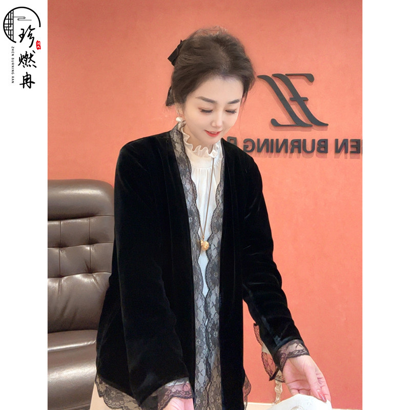 【珍珍休闲】经典丝绒时尚休闲黑色气质新中式国风外套W-84240