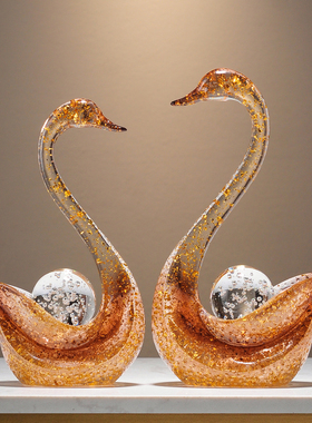 透明水晶球情侣艺术天鹅摆件轻奢高档家居玄关客厅酒柜电视柜装饰