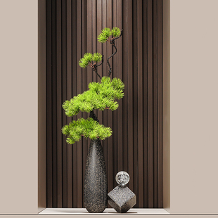 新中式细长高陶瓷造景迎客松水滴花瓶摆件石来运转客厅玄关办公室