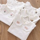 春装 儿童宝宝白色套头衫 长袖 女童花边翻领打底衫 T恤婴儿衬衫 上衣