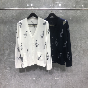 tb四道杠条纹开衫针织衫潮牌棉质V领外套嵌花大鹅男女情侣装毛衣