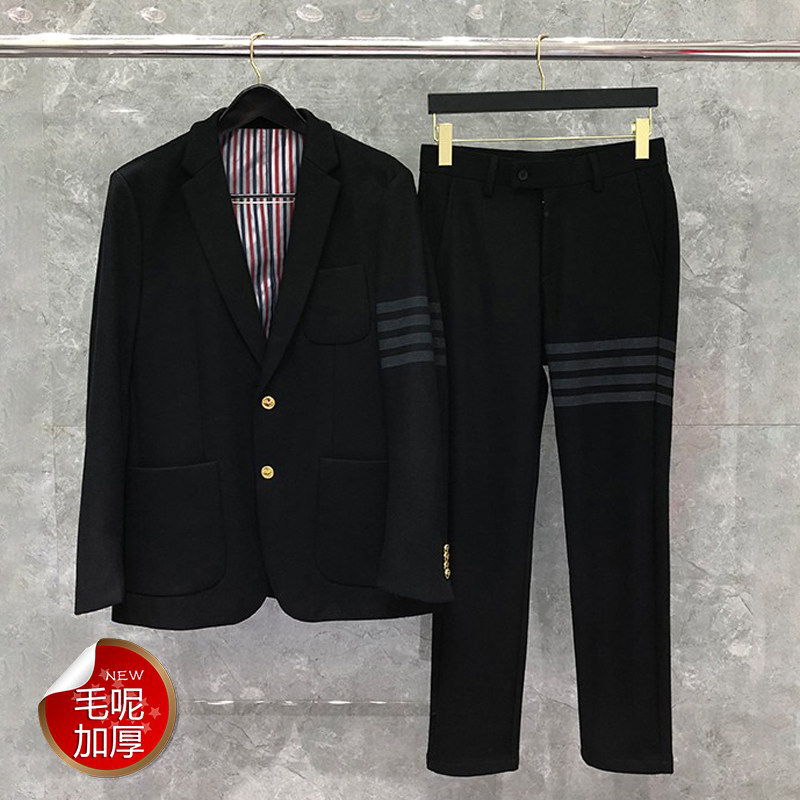 tb西装外套男秋冬韩版英伦风气质复古休闲中长款呢子小西服两件套