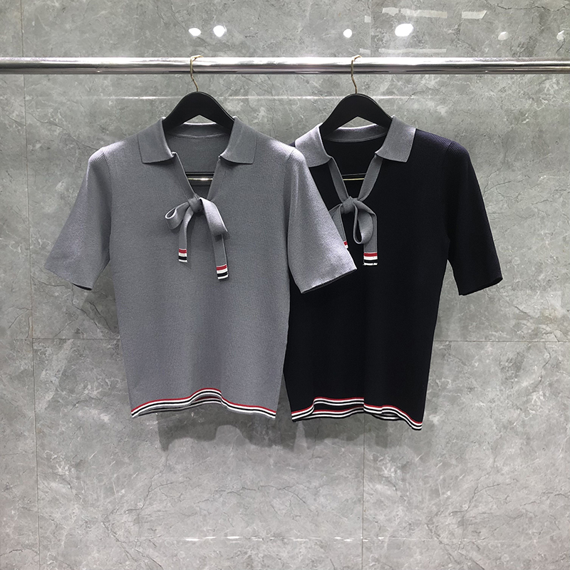 TB蝴蝶结系带短袖POLO衫女针织t
