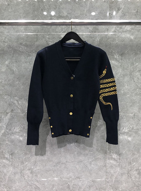 tb开衫针织衫外套女蛇纹刺绣宽松休闲长袖V领毛衣四条杠春秋毛衣