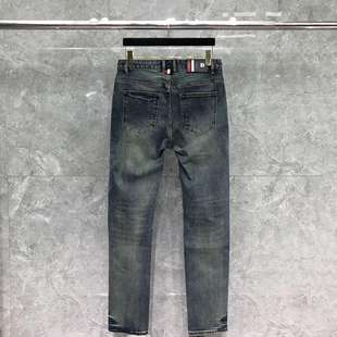 TB牛仔裤男高端夏季薄款红白蓝破洞小狗标修身水洗休闲牛仔长裤潮